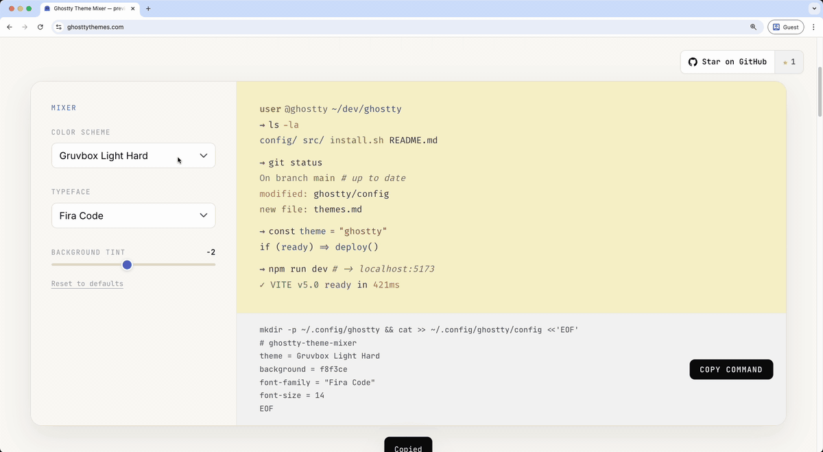 Ghostty Theme Mixer — live demo swapping themes, fonts, and adjusting background tint
