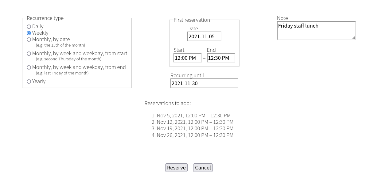 Adding recurring reservations