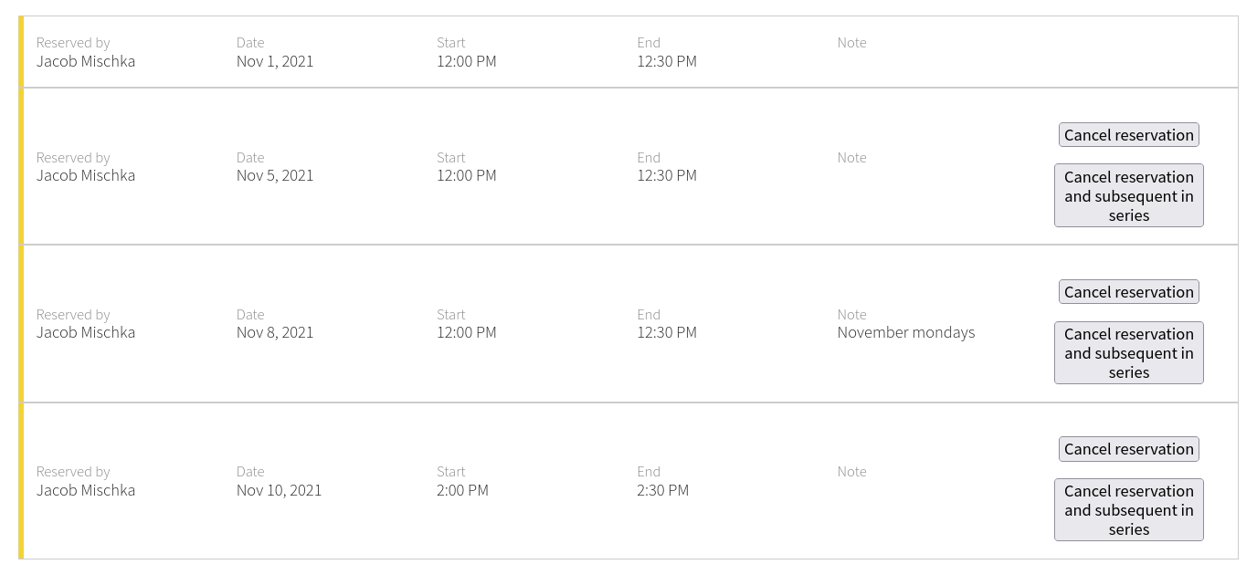 Reservations list with cancel buttons