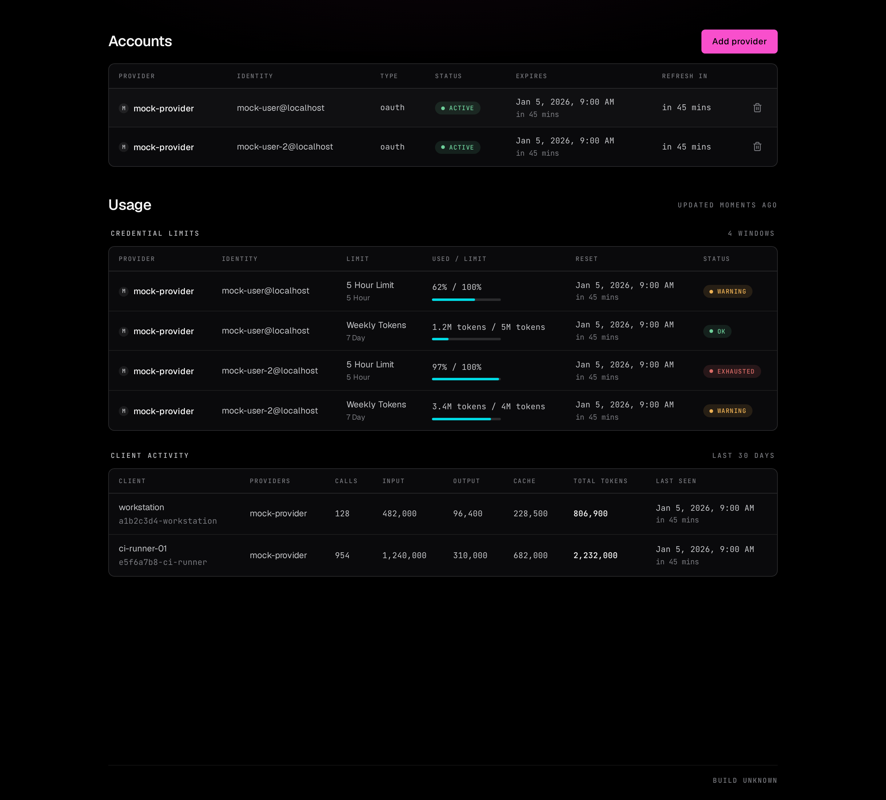 The auth broker UI showing connected accounts and usage