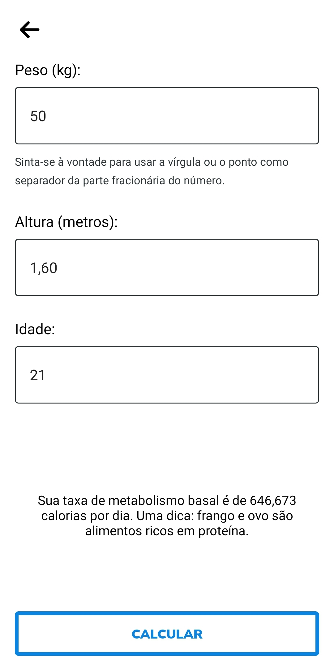 Calculadora de taxa de metabolismo basal