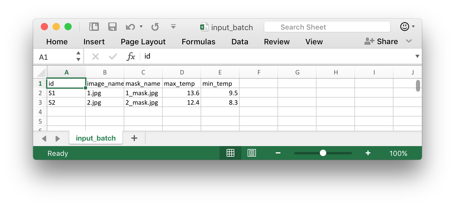 Screenshot of a sample input table in Excel