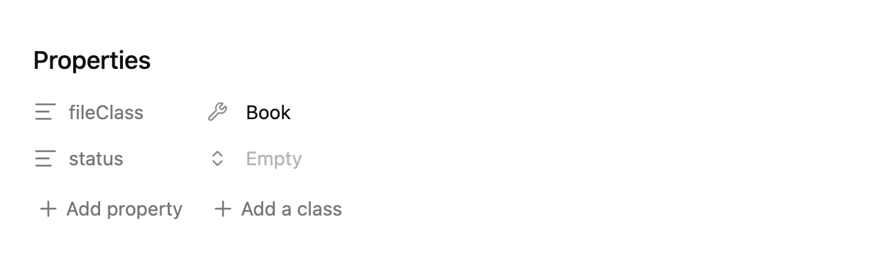 A note's Properties panel showing fileClass Book and an empty status