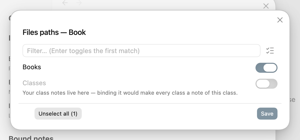The folder picker, with Books ticked and the class folder greyed out
