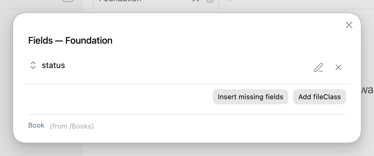 The note-fields modal listing status on a note with no frontmatter