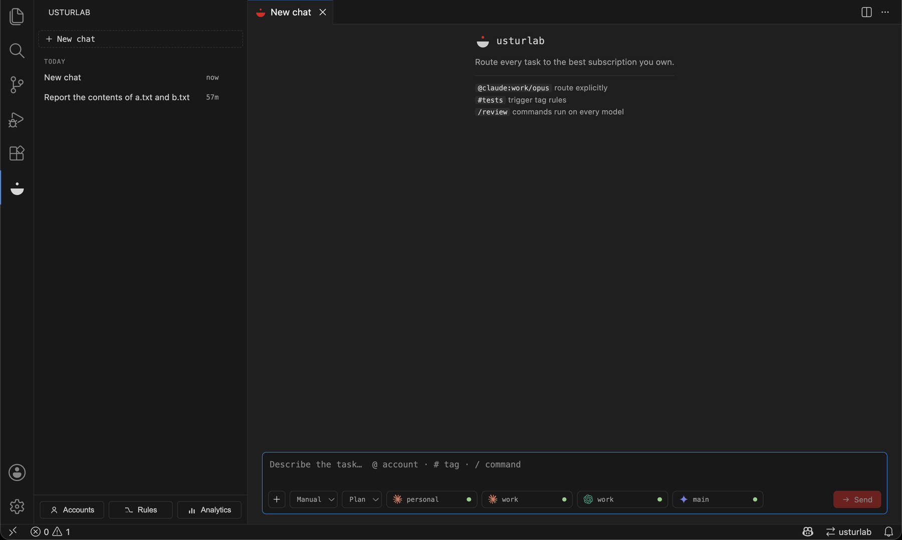 The usturlab panel: chat list on the left, an empty conversation in the editor, and the composer at the bottom.