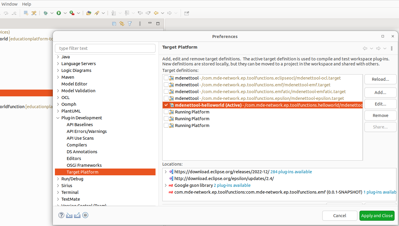 Preferences dialog showing helloworld target configuration.