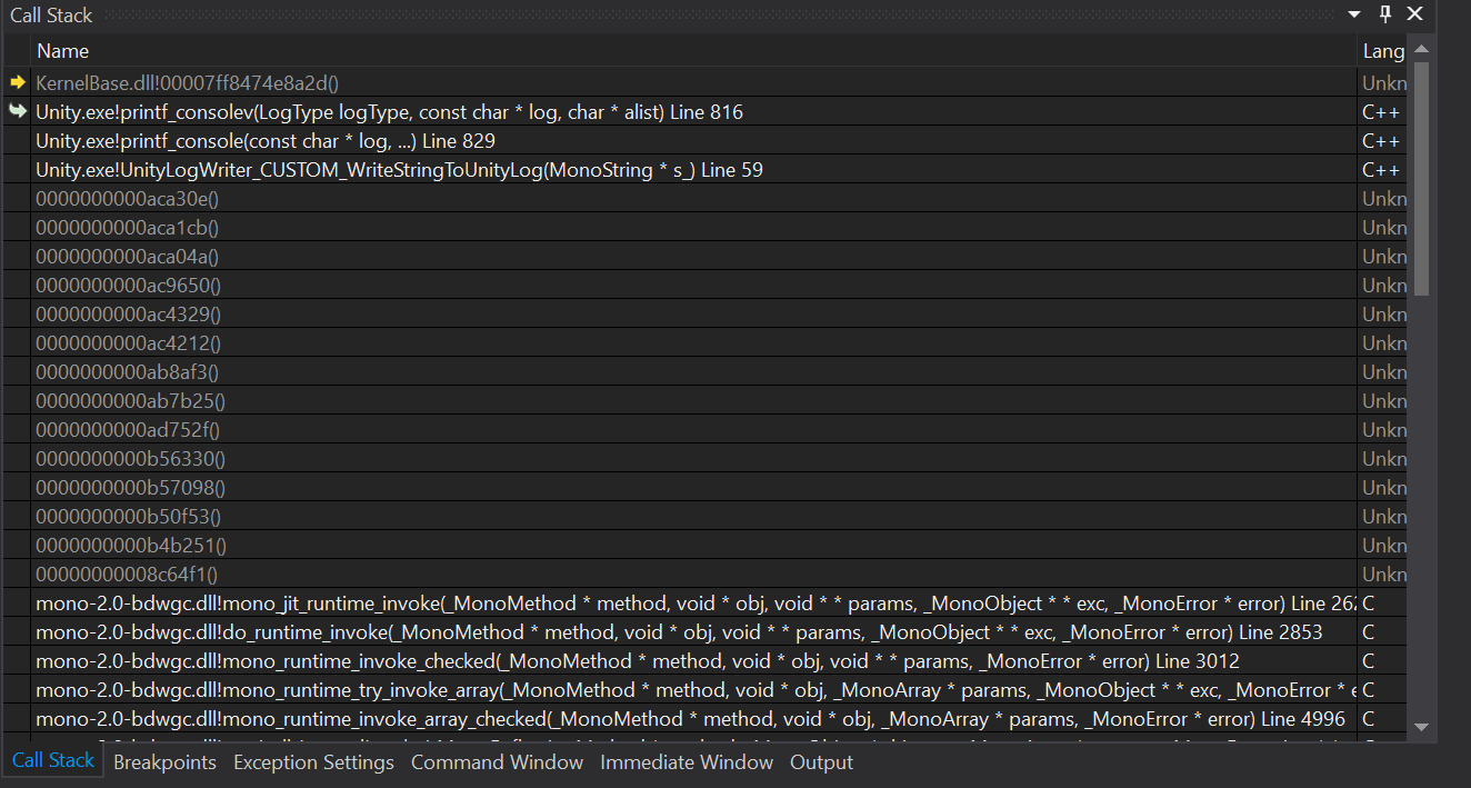 Before Unity Mixed Callstack