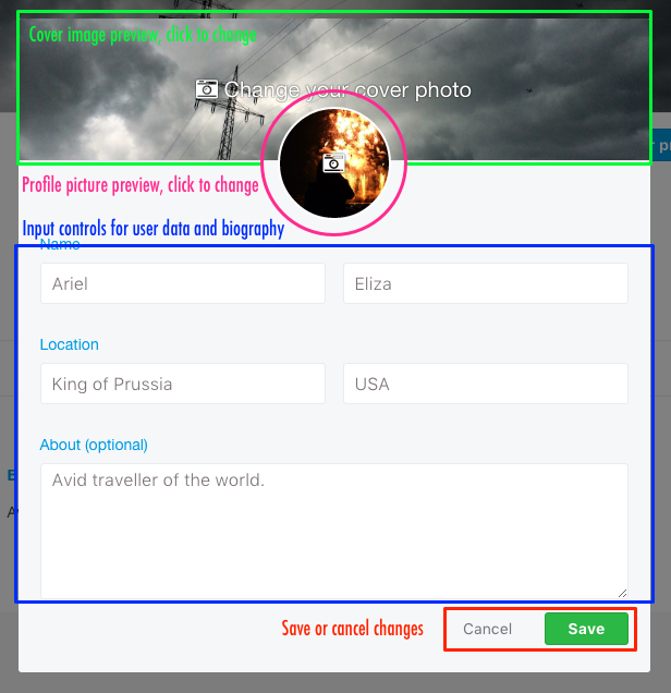 Image of user profile edit modal