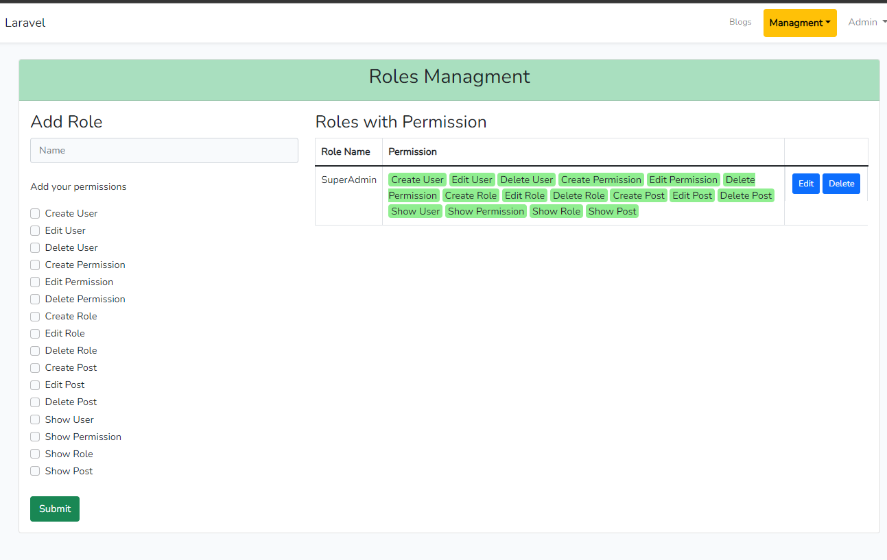 Roles Permissions screenshot