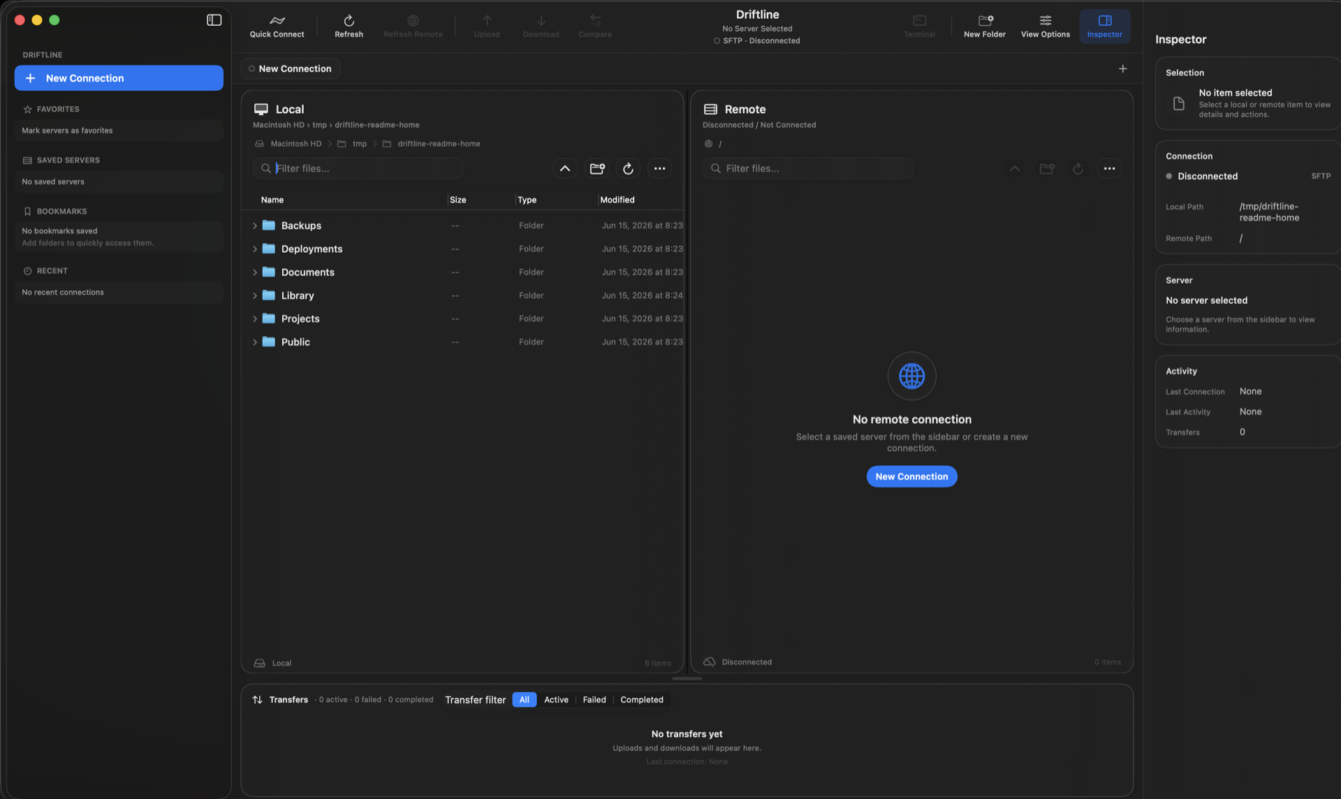 Driftline app screenshot showing the dual-pane file browser, transfer queue, and inspector