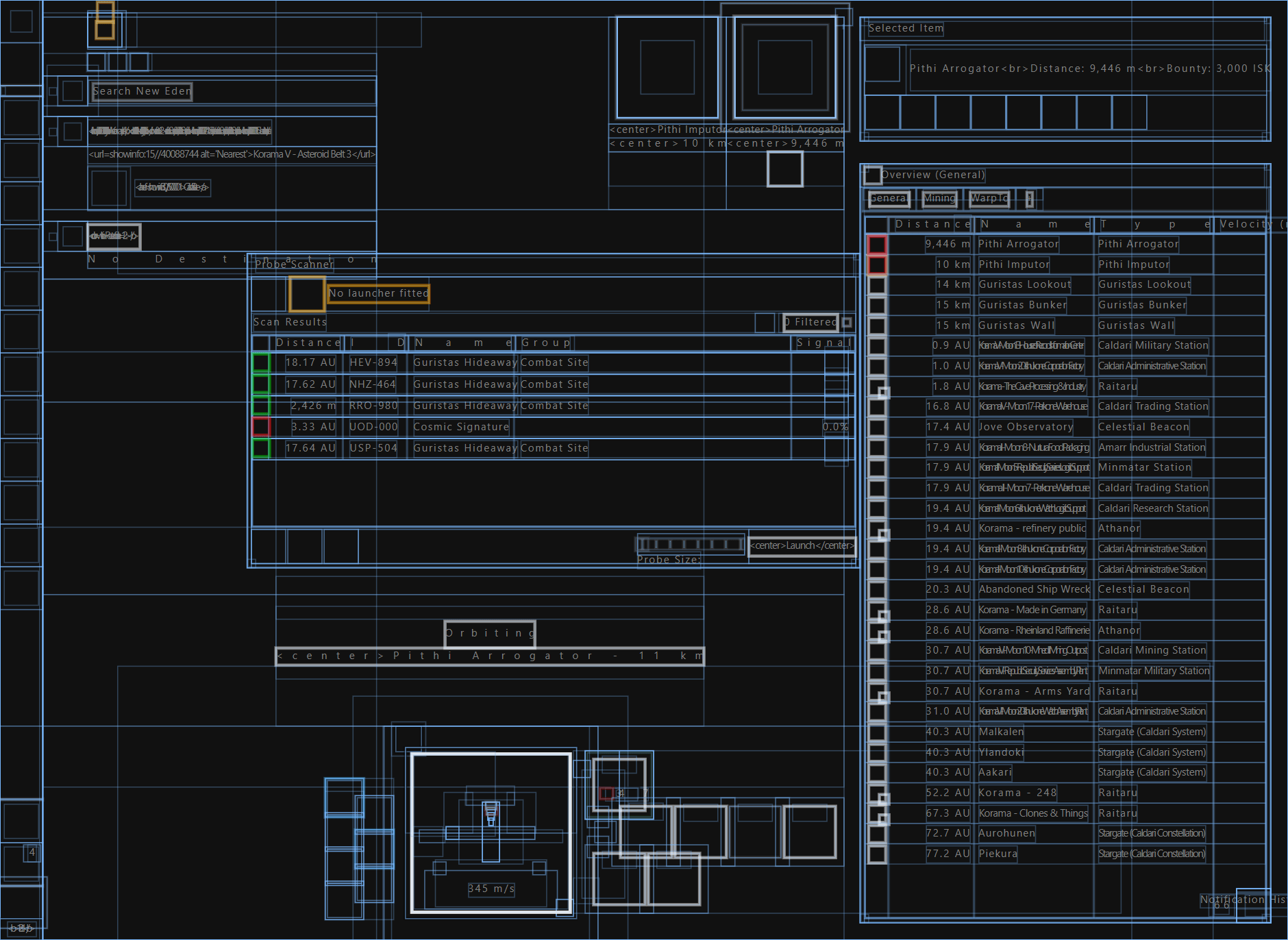 Visualization of data read from the EVE Online client memory.