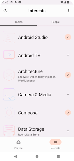 Screenshot showing Interests screen