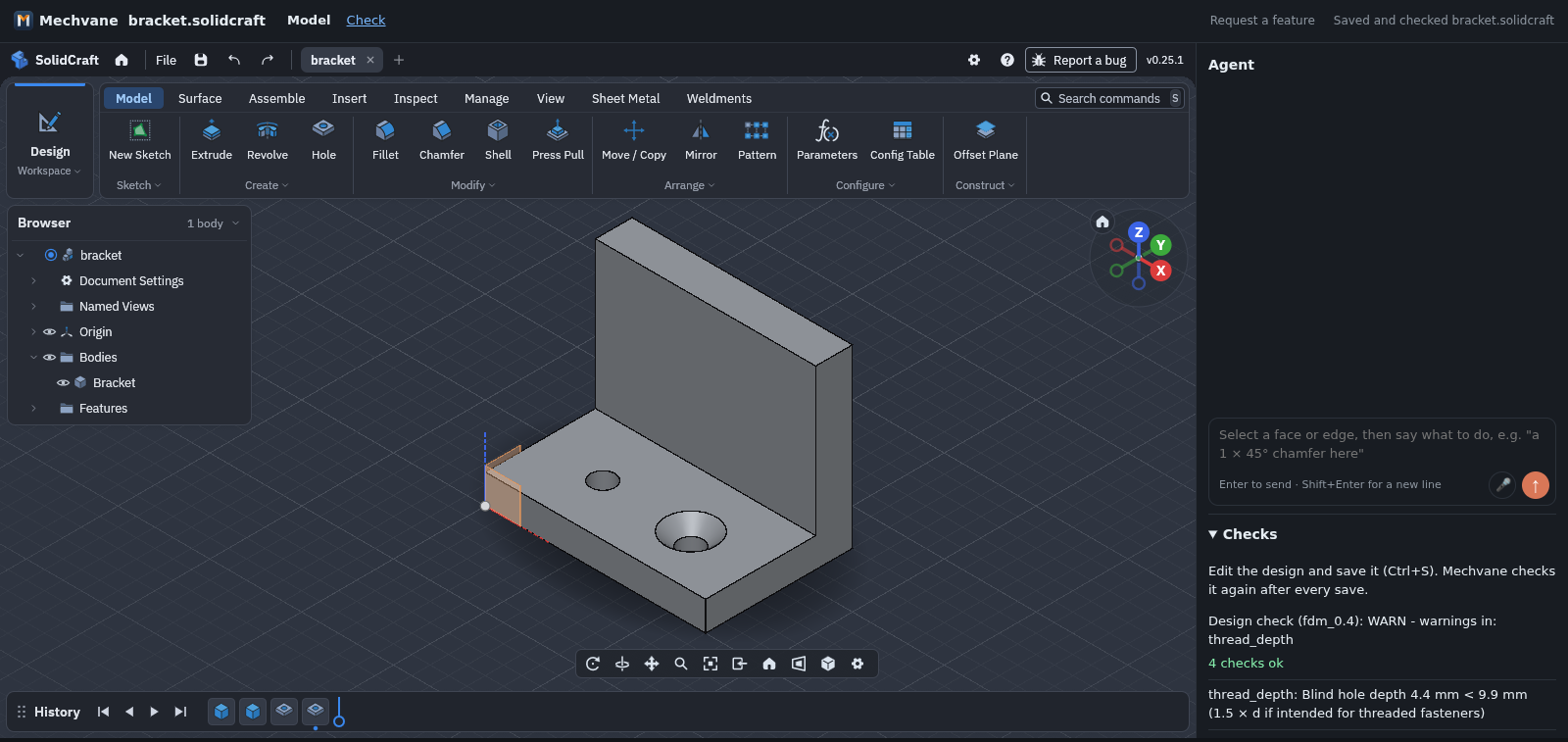 Model by hand: the SolidCraft web app embedded in Mechvane, the countersink moved away from the wall and Mechvane's findings updated after saving