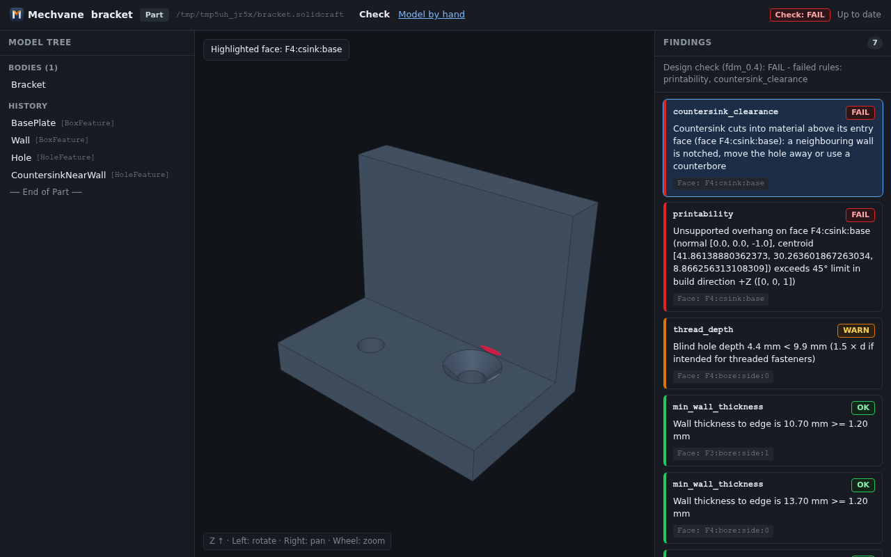 Mechvane read-only web UI showing model tree, 3D viewport and highlighted countersink finding