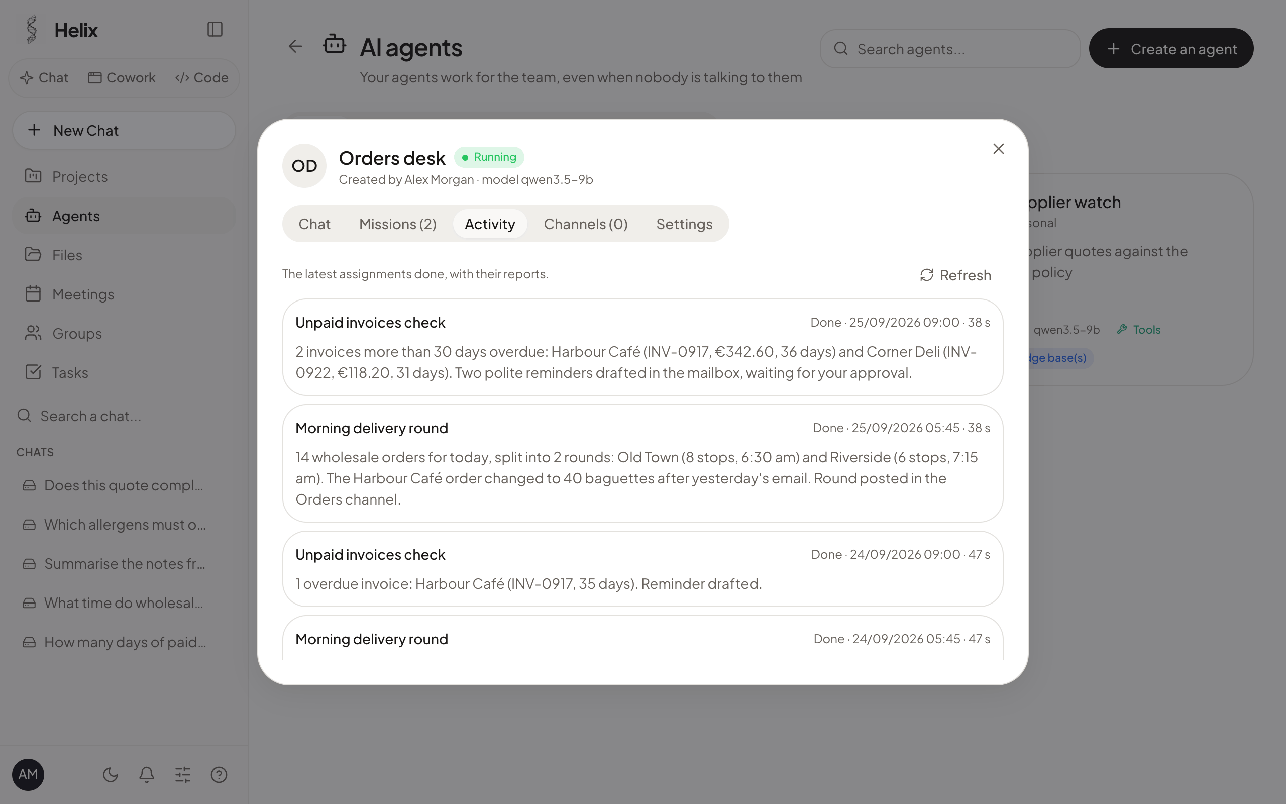 An always-on agent and the reports of its scheduled missions