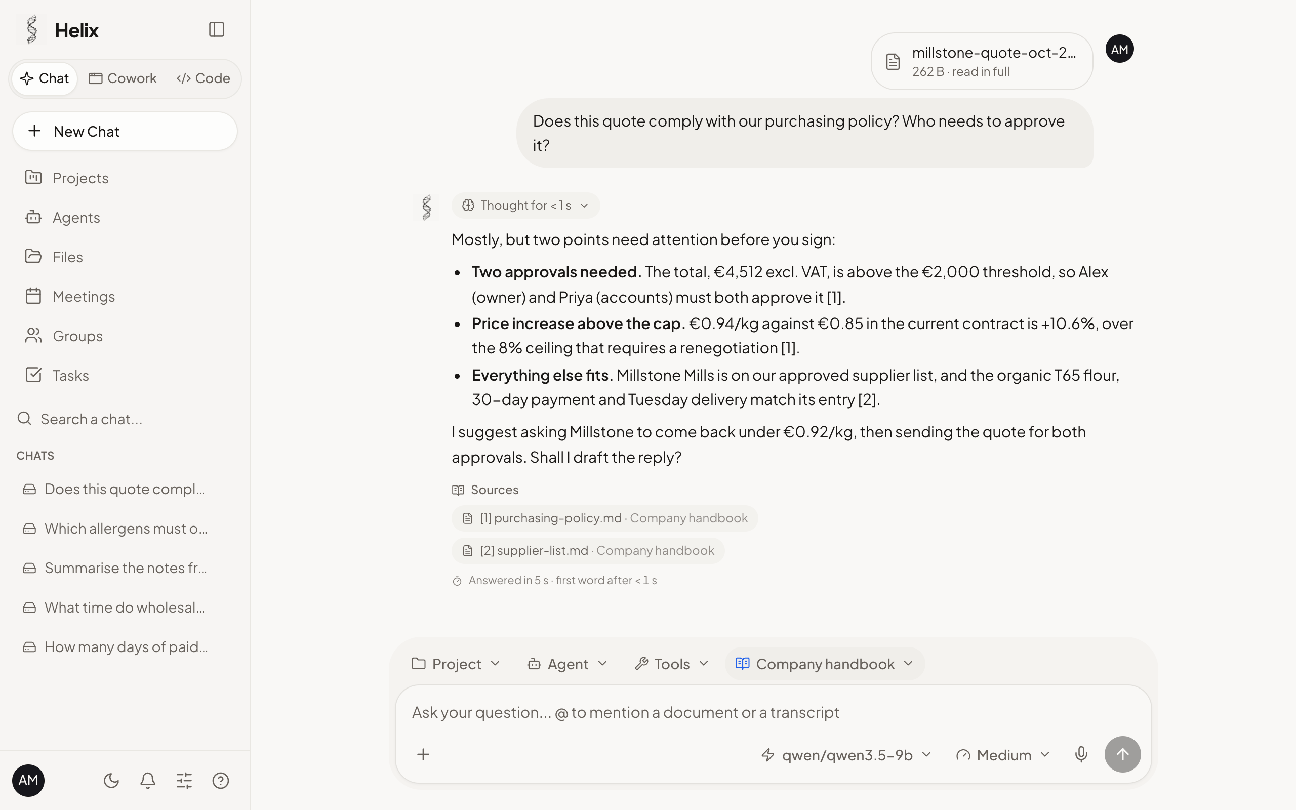 A Chat answering from a knowledge base, with an attached PDF and the cited sources under the answer