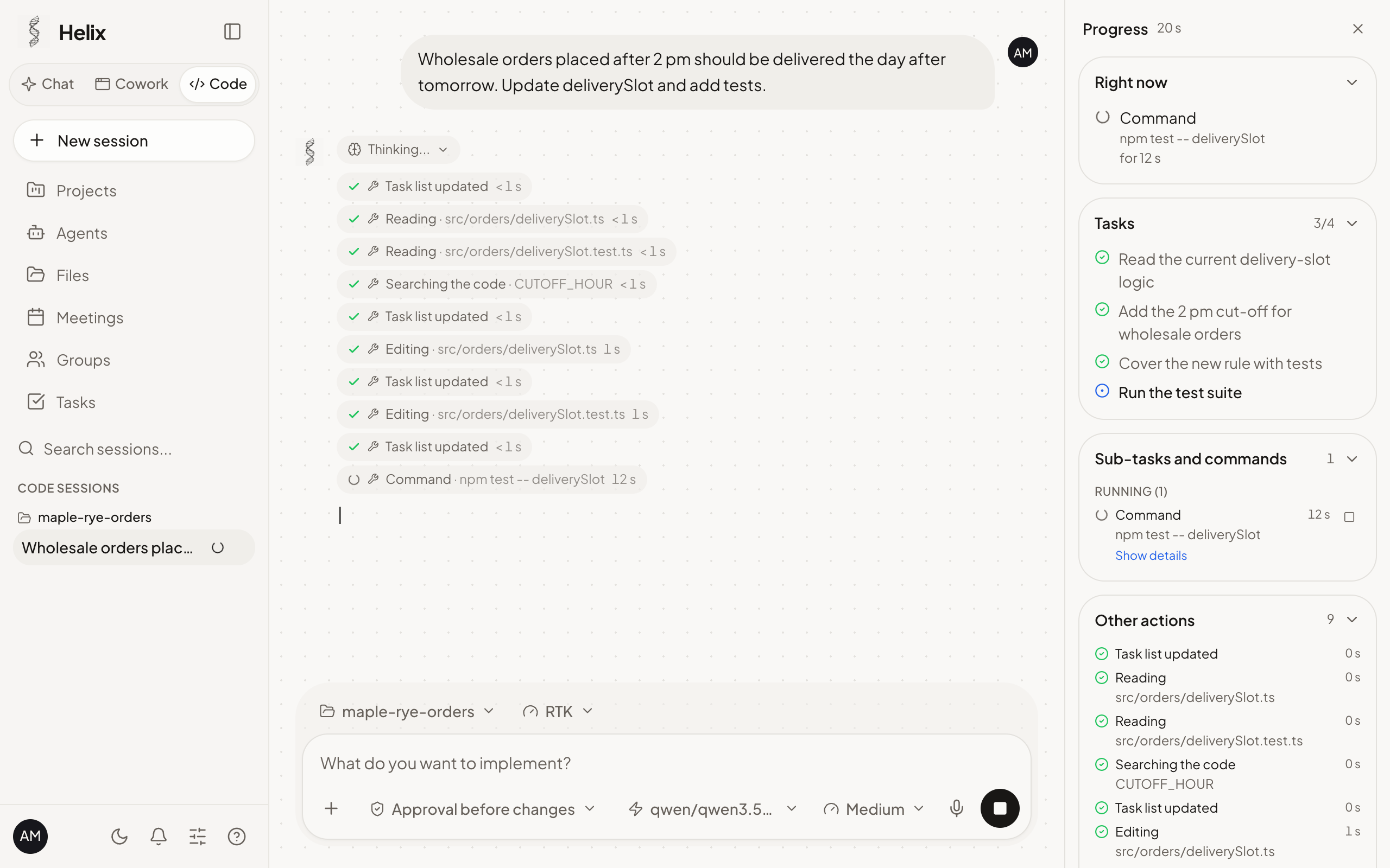 Helix Code at work: task list, file reads and edits, a test command running