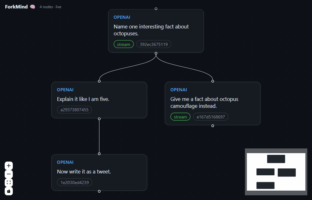 ForkMind demo β clicking through the conversation DAG, inspecting a node, and opening the fork dialog