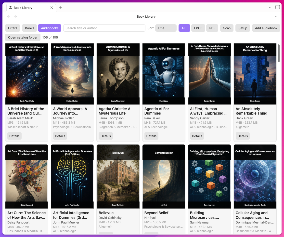 Book Library Audiobook-Ansicht mit Covers, Filtern und Ablageinformationen