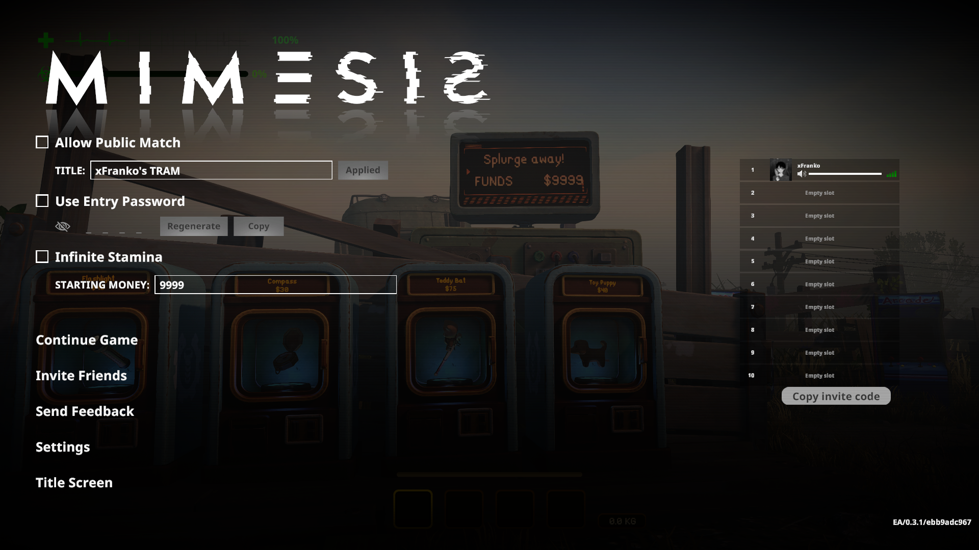 Patches > HostOptions page: infinite stamina and starting money