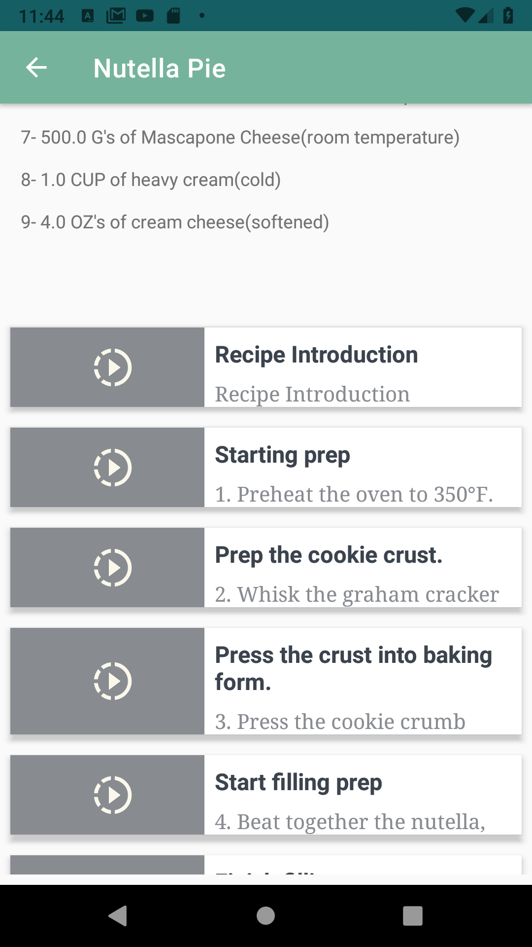 Recipe Detail Activity displaying the recipe details, including the ingrediants and steps for preparing the recipe