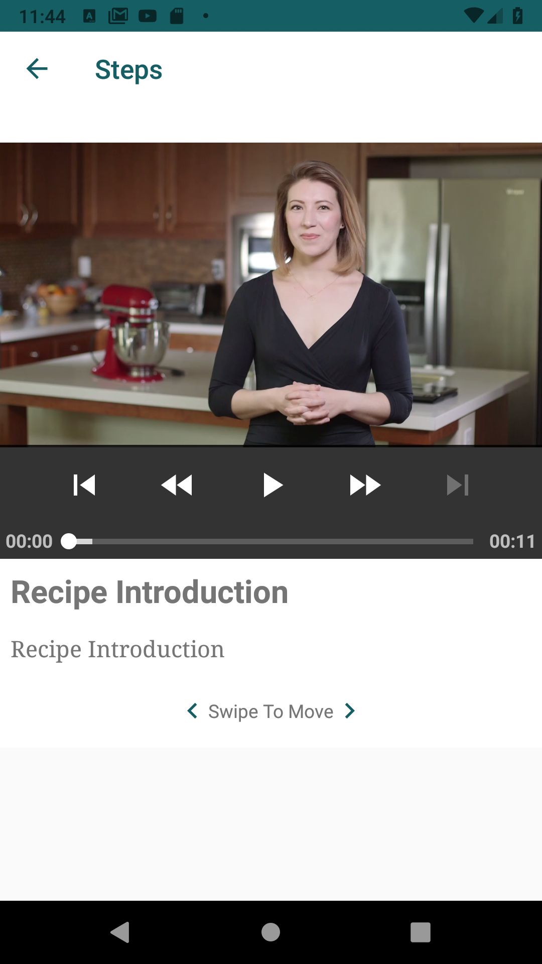 Recipe step detail Activity, displaying the step video and description