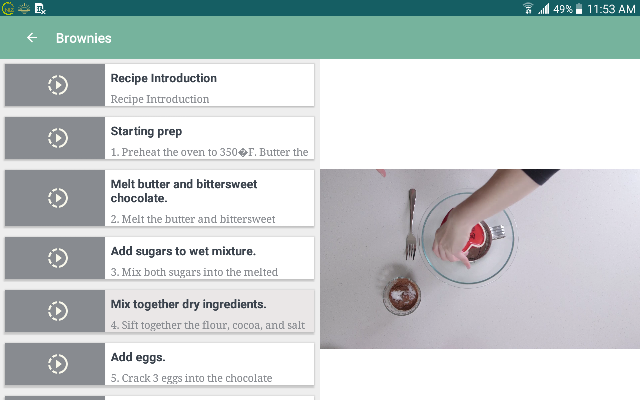 Recipe Detail Activity displaying the recipe details, including the ingrediants and steps for preparing the recipe, displaying the step video and description