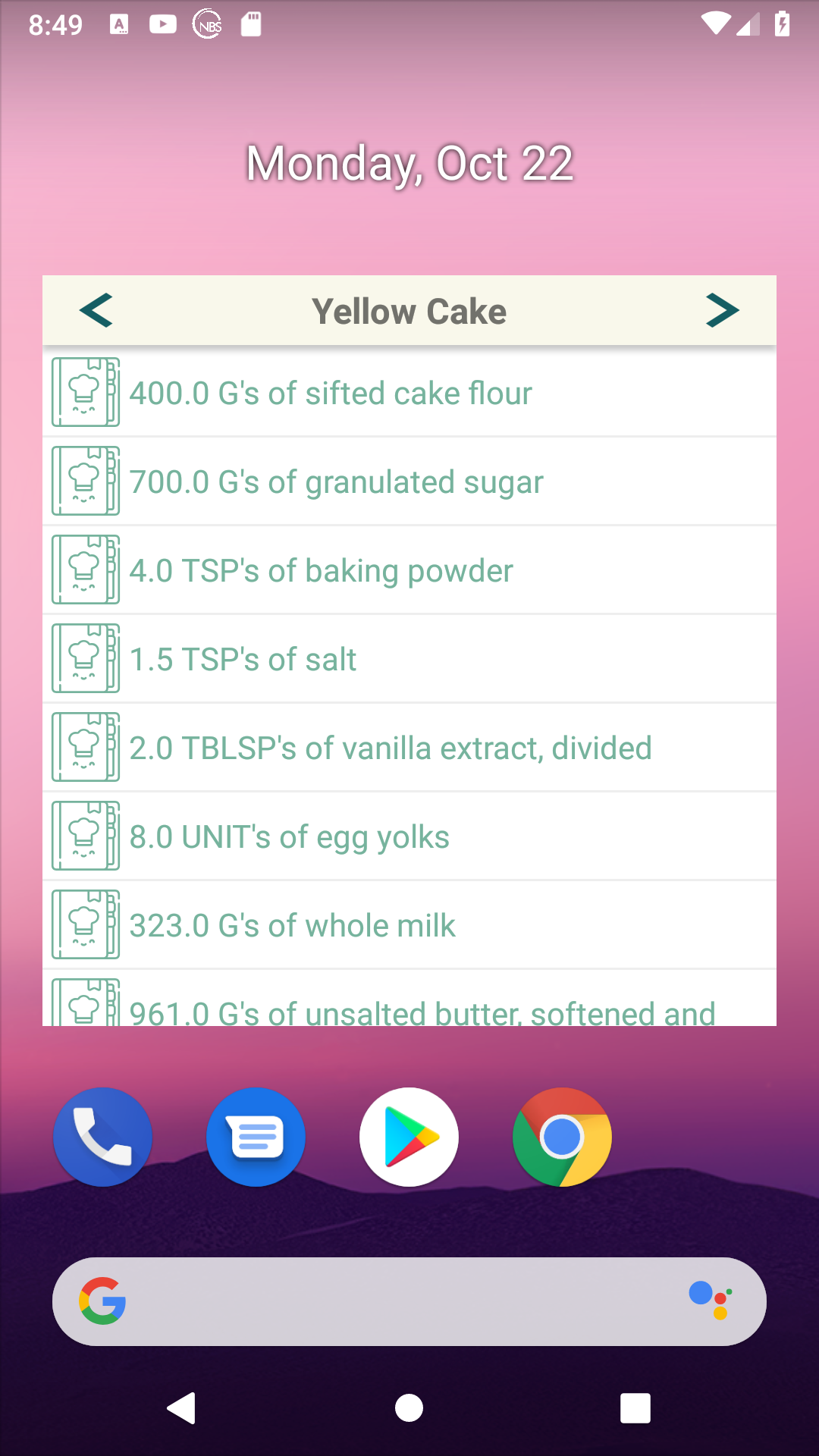 App home Screen Widget displaying recipe name with a list of ingredients with the ability to switch from one to another