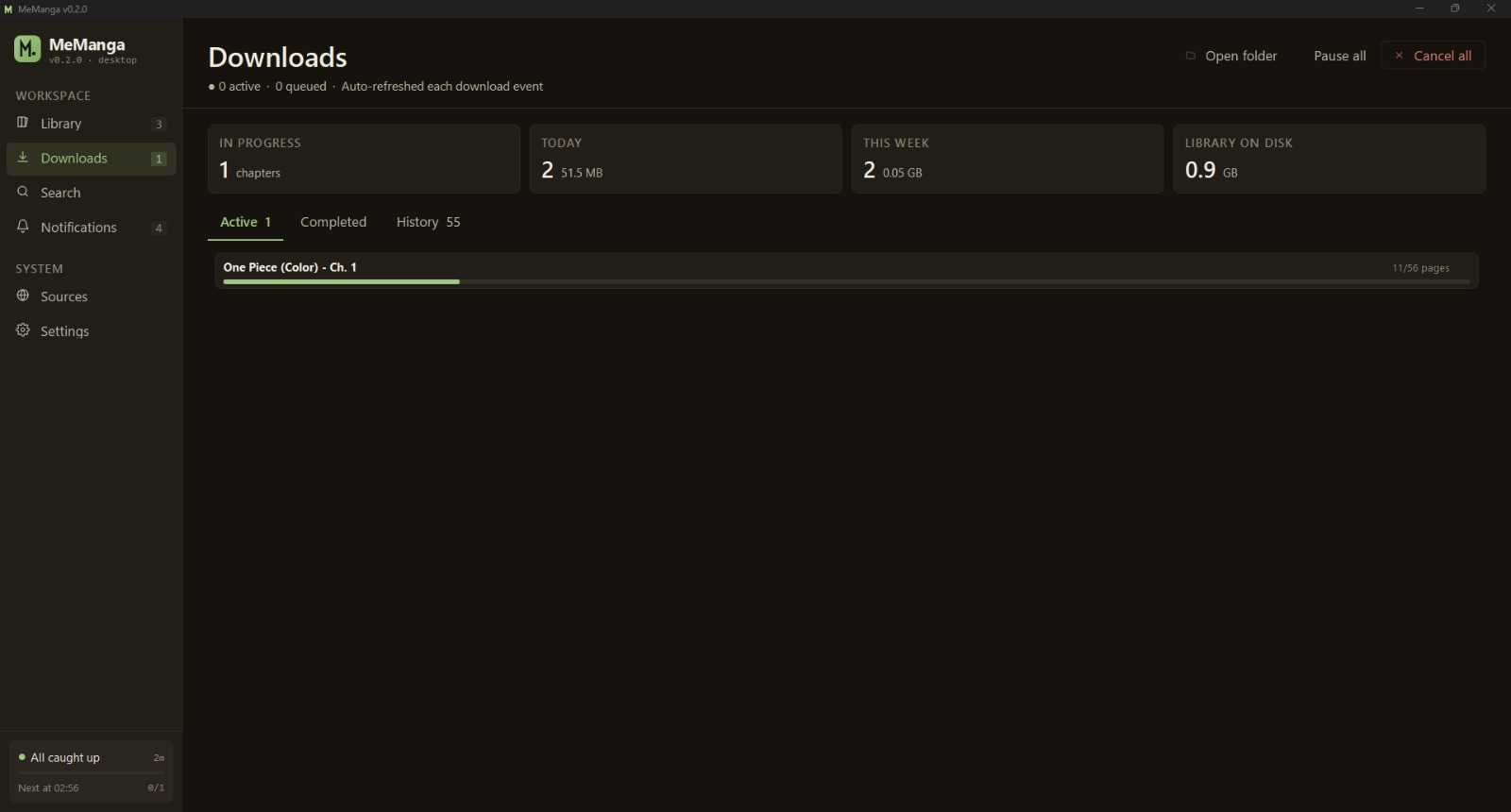 Downloads page with active + completed rows