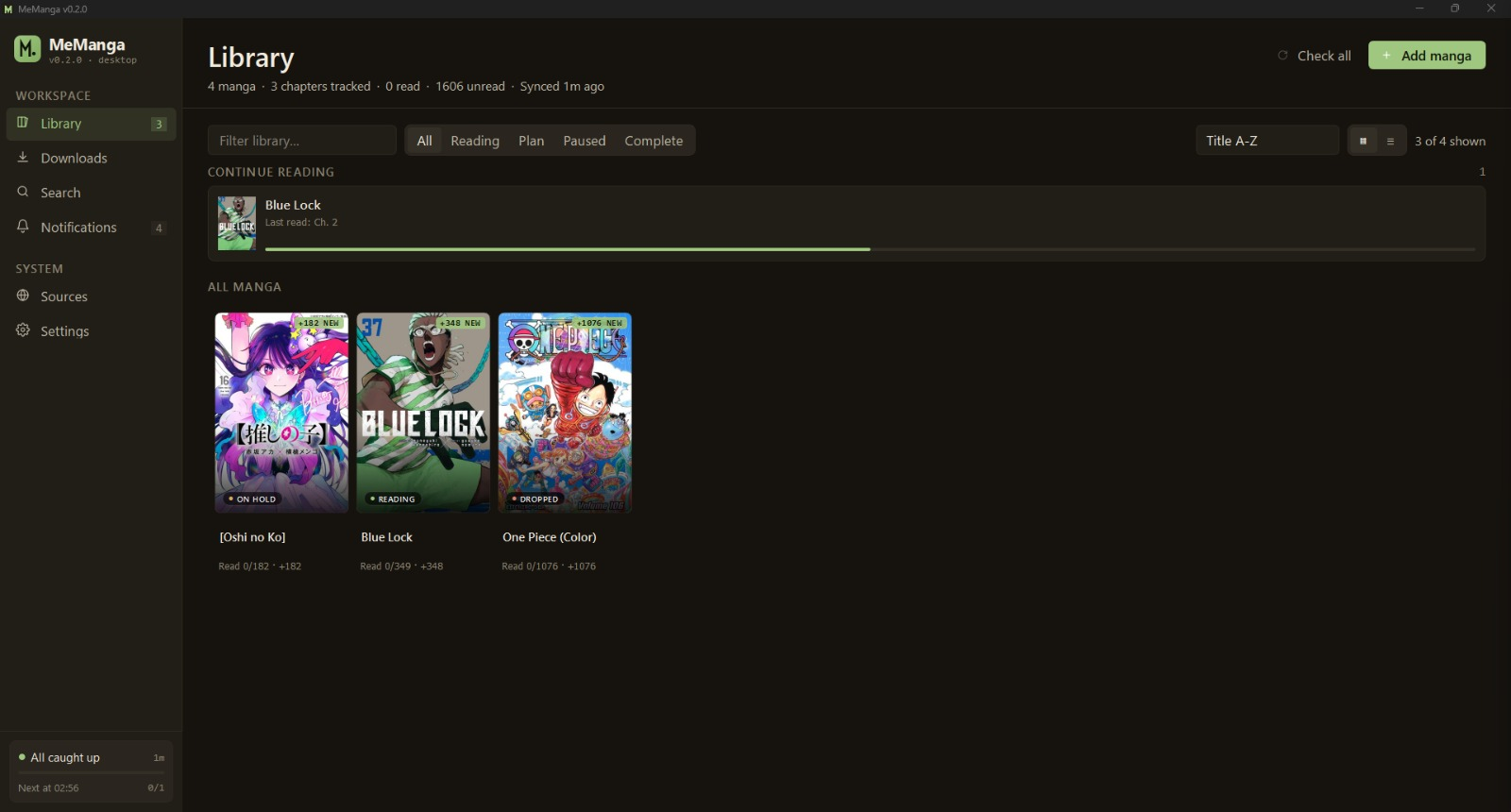 MeManga Library — dark theme grid of manga covers