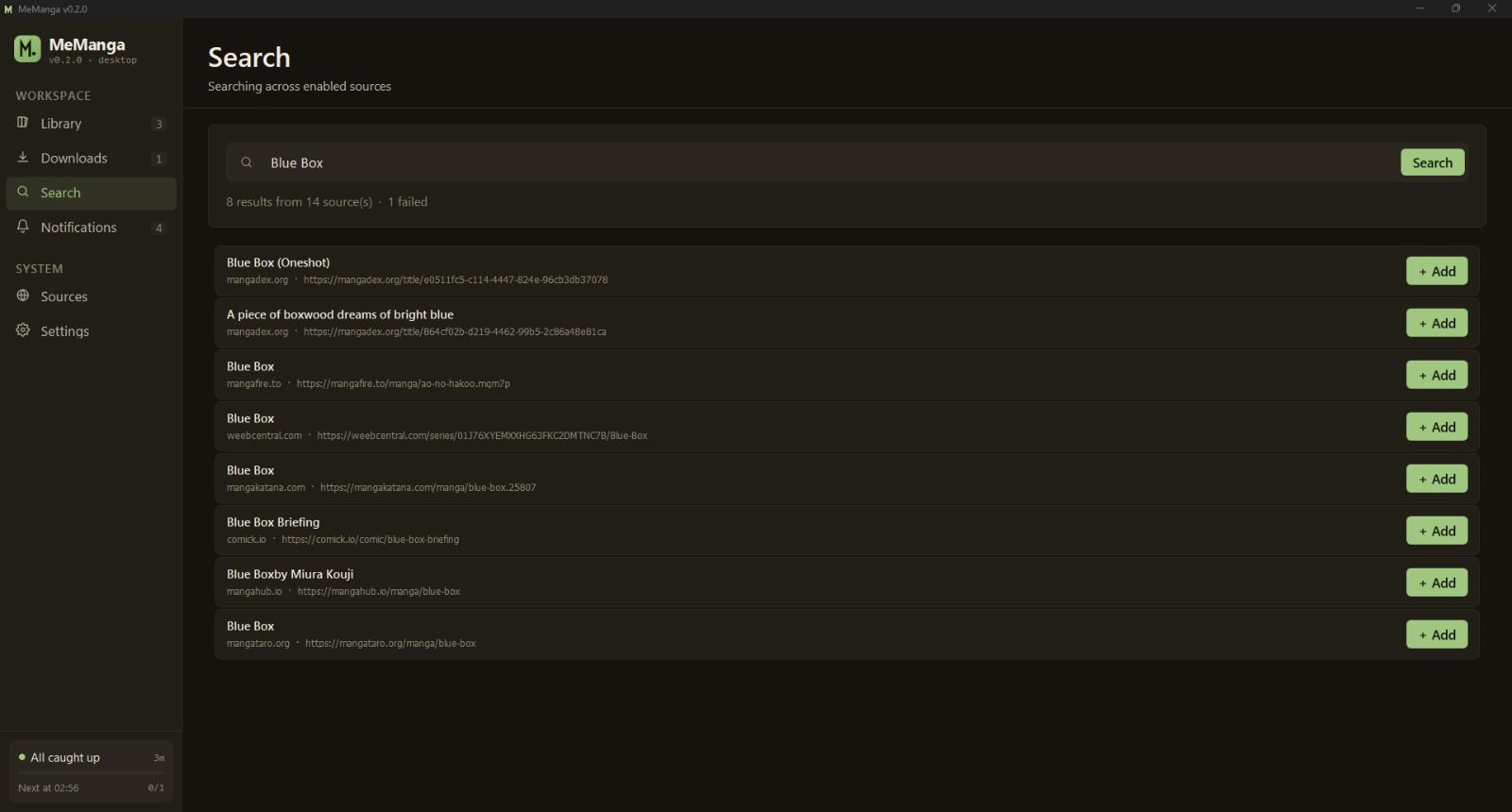 Search results for "Blue Lock" with chapter-count chips