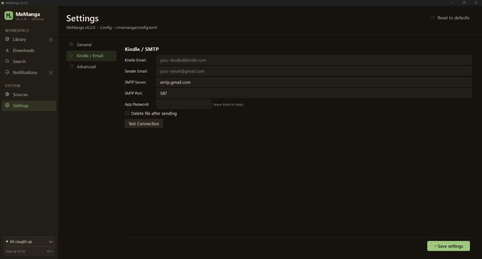 Settings page — Kindle/Email tab