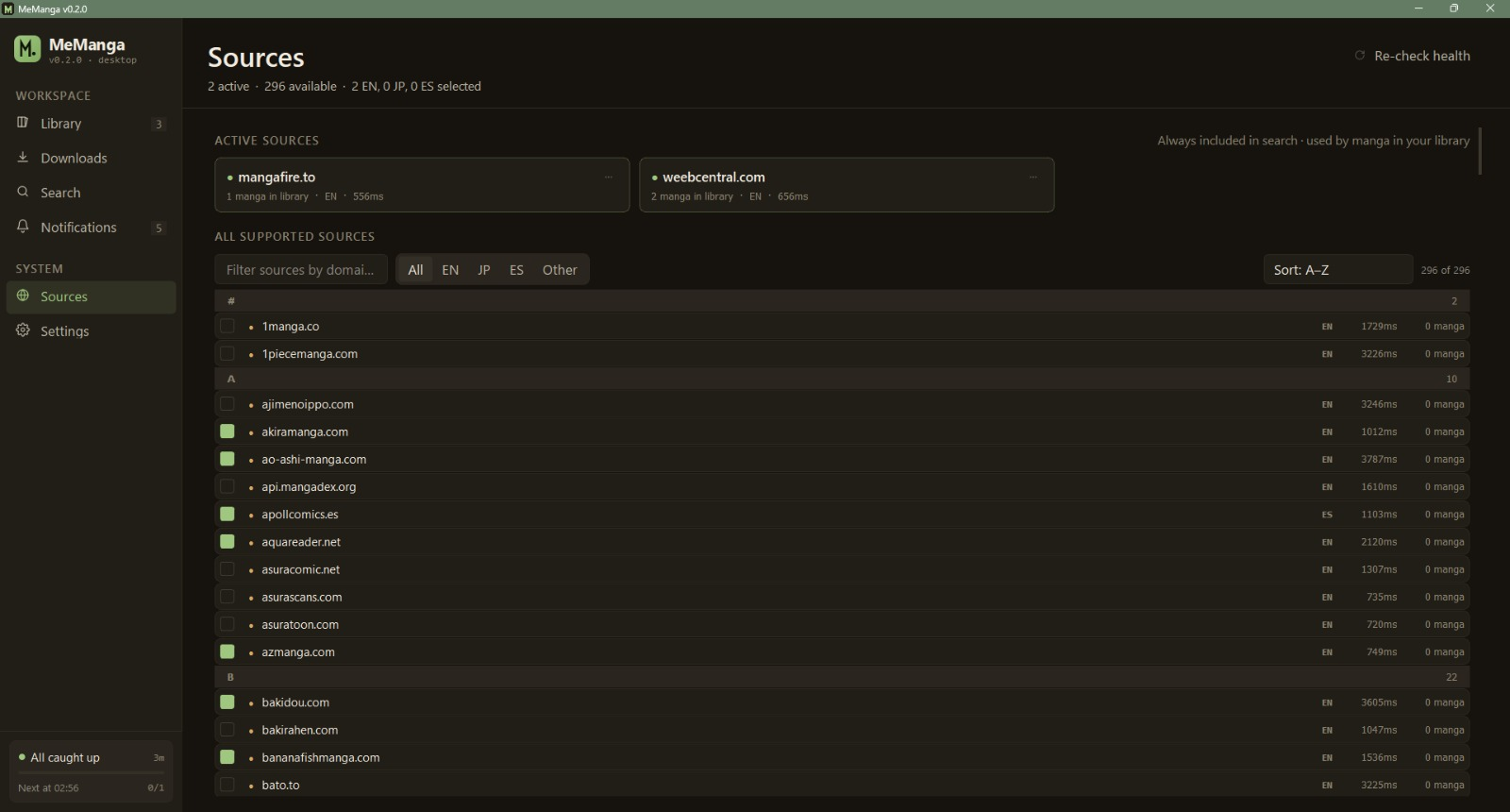 Sources page with toggle list and health badges