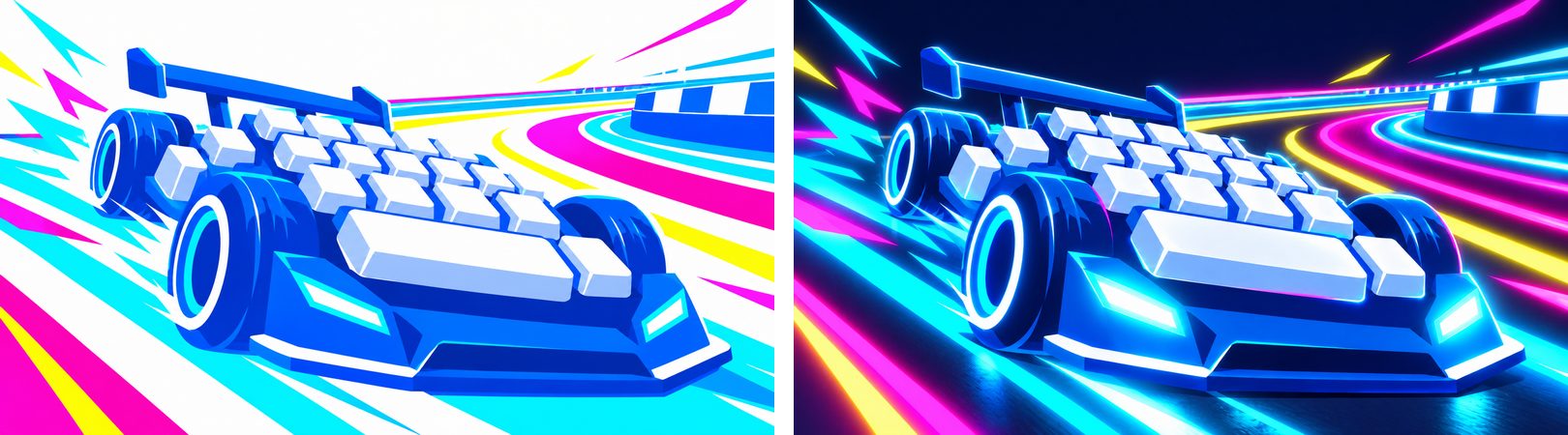 The same race-car illustration before and after the edit: day on the left, night with glowing lights on the right