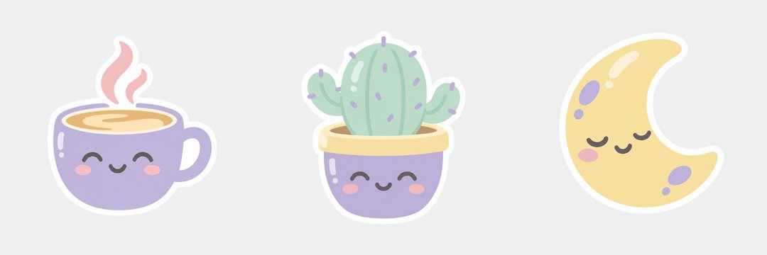 Three pastel stickers in one consistent style: a coffee cup, a potted cactus and a sleepy moon