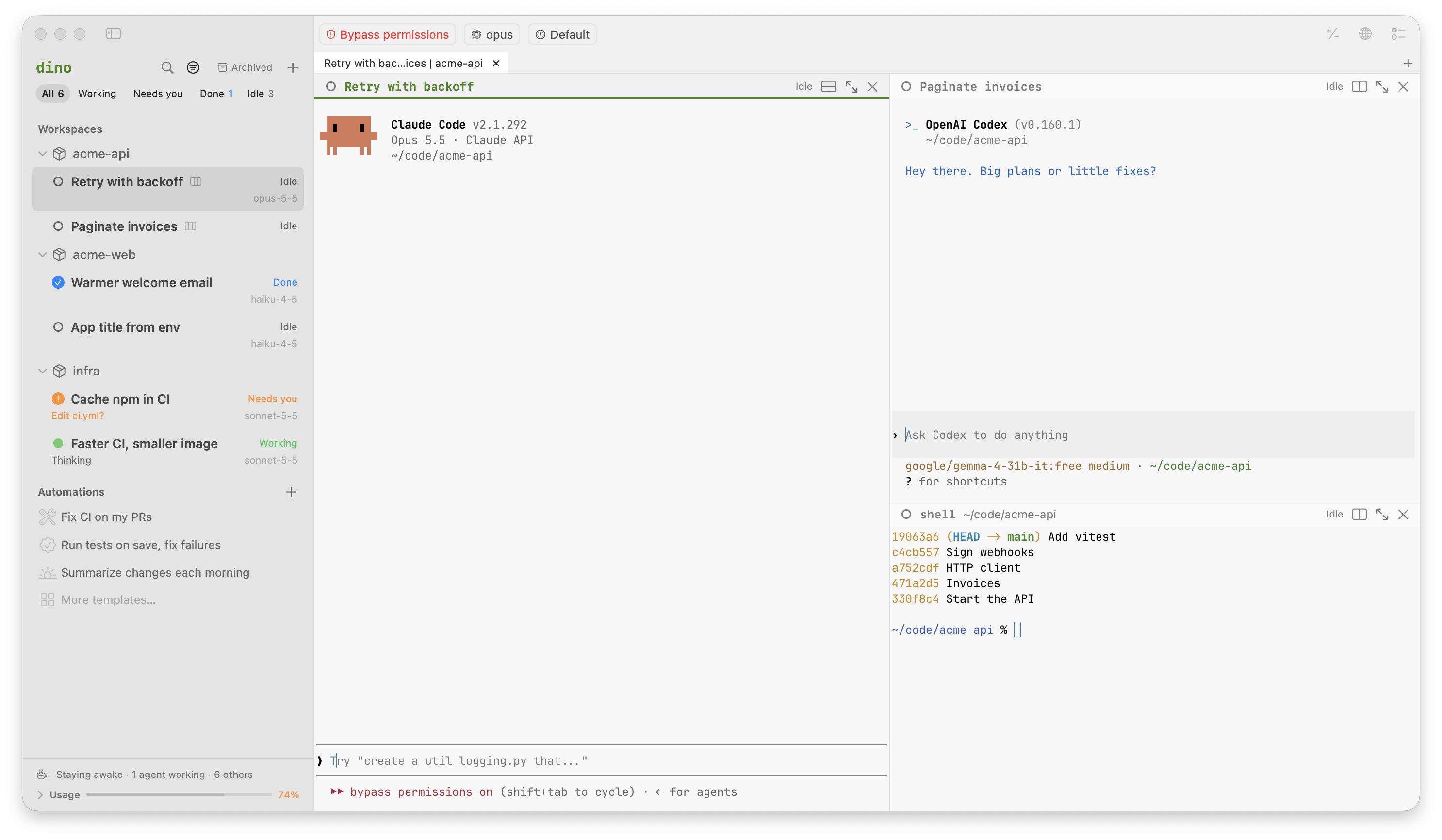 The dino window split into three panes: on the left, Claude Code on Opus 5.5 in Bypass permissions mode, ready at its prompt; on the right, Codex ready at its prompt above a shell showing git log. The sidebar groups sessions by project, each marked Working, Needs you, Done or Idle.
