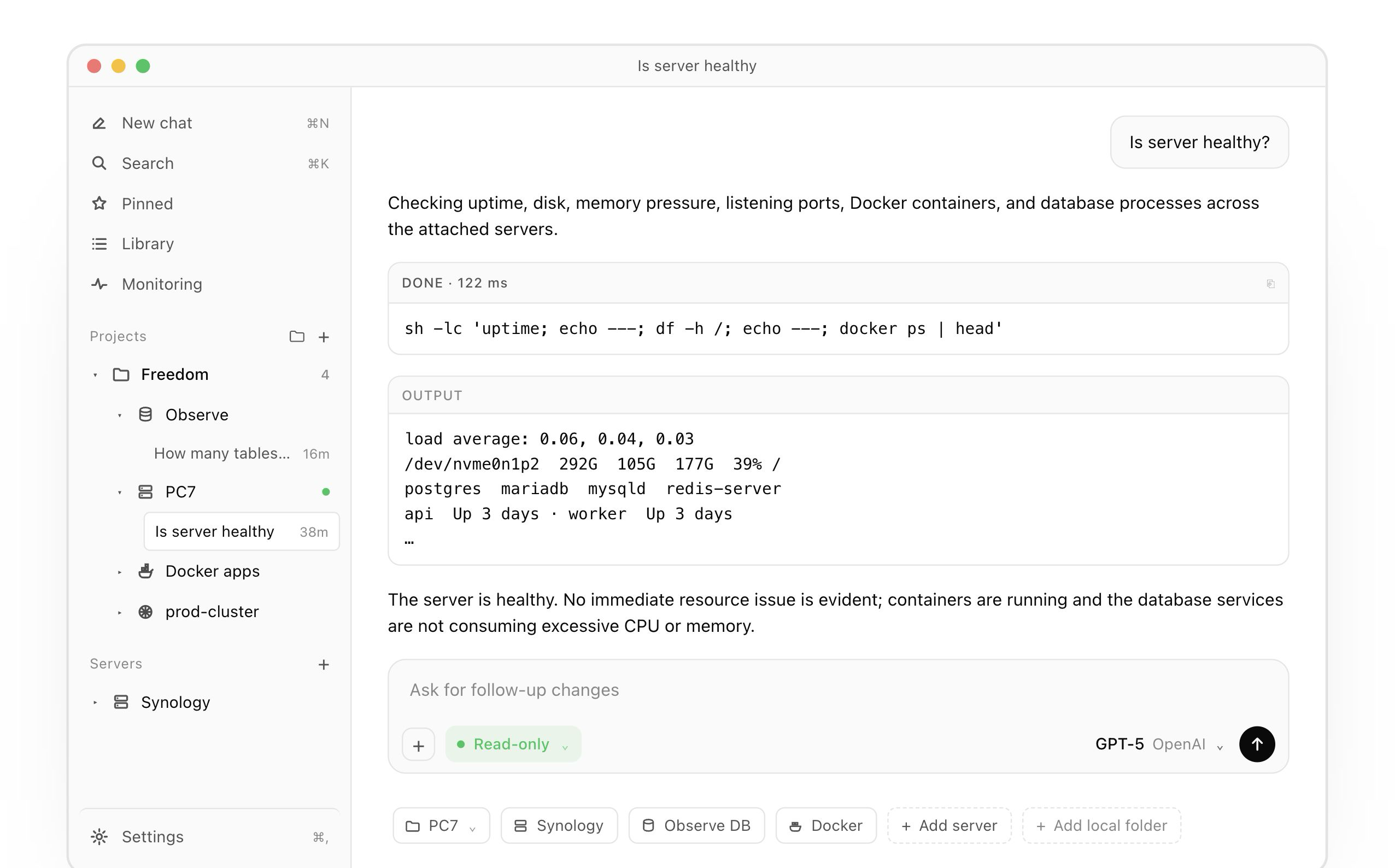 RemoteX desktop app — multi-connection sidebar, a chat-first conversation diagnosing a production issue, command output cards, and a Touch-ID-gated approval card.