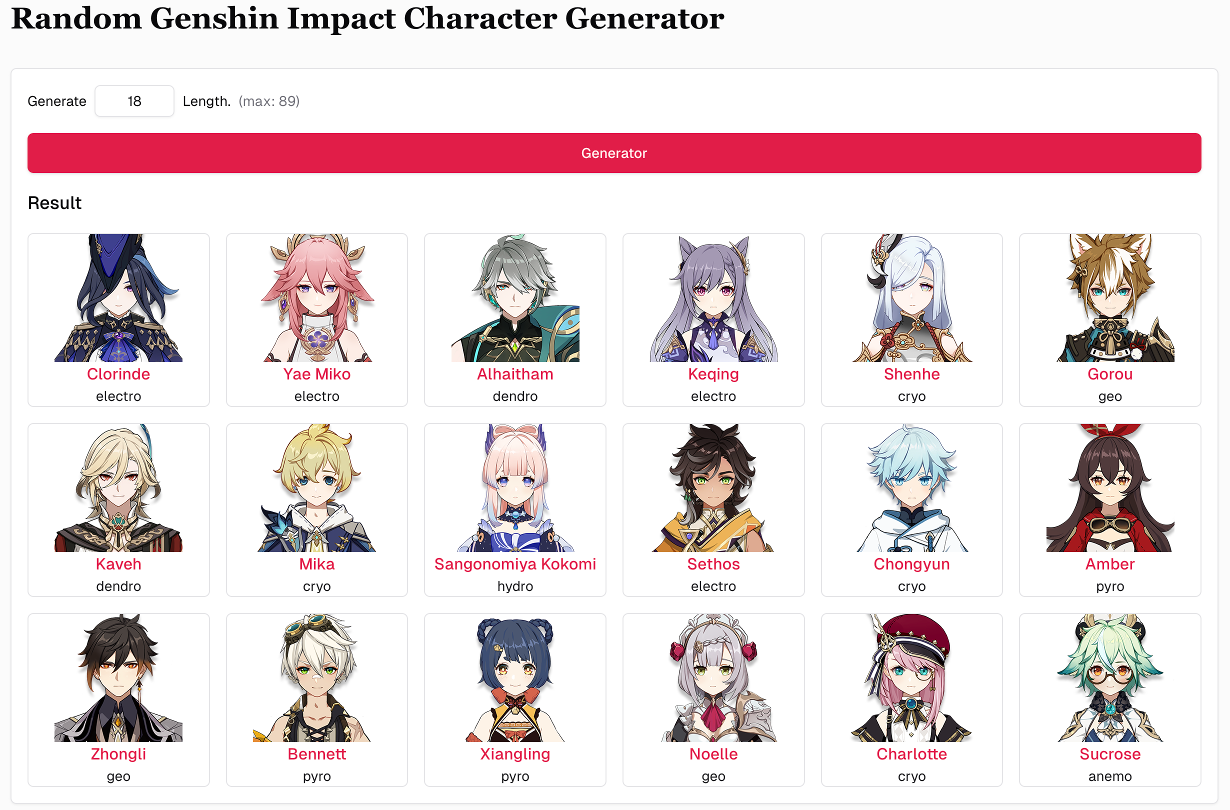 Random Genshin Impact Character Generator Preview