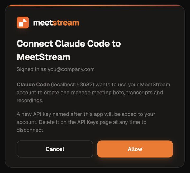 MeetStream consent page: Connect Claude Code to MeetStream, with Cancel and Allow buttons