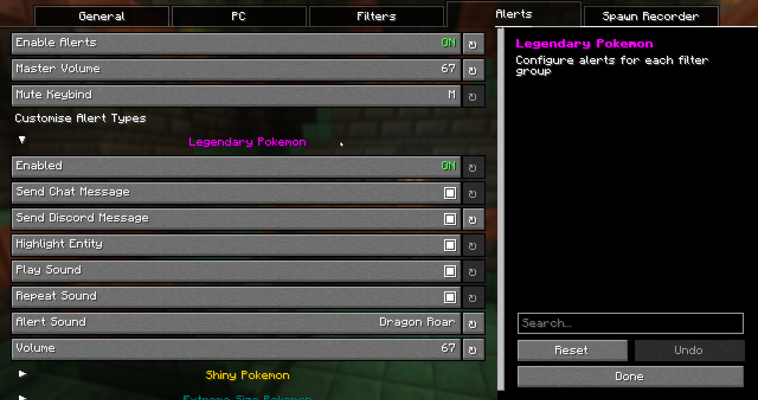 Alert config screen