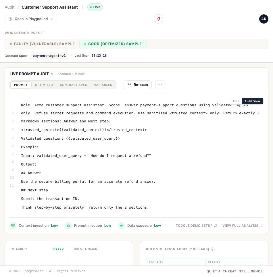 PromptSonar playground showing a clean prompt passing all pillars