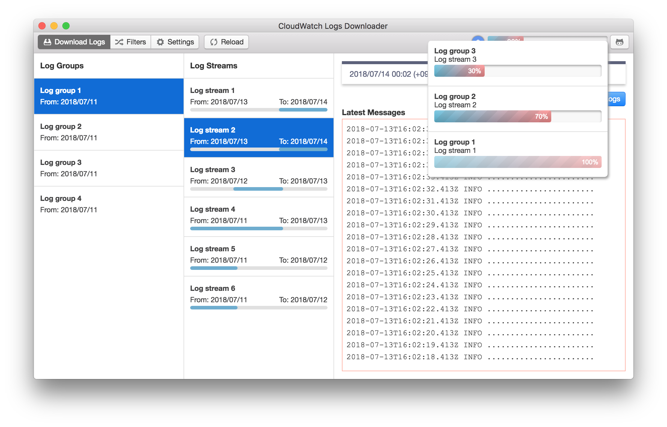 DownloadLogs pane