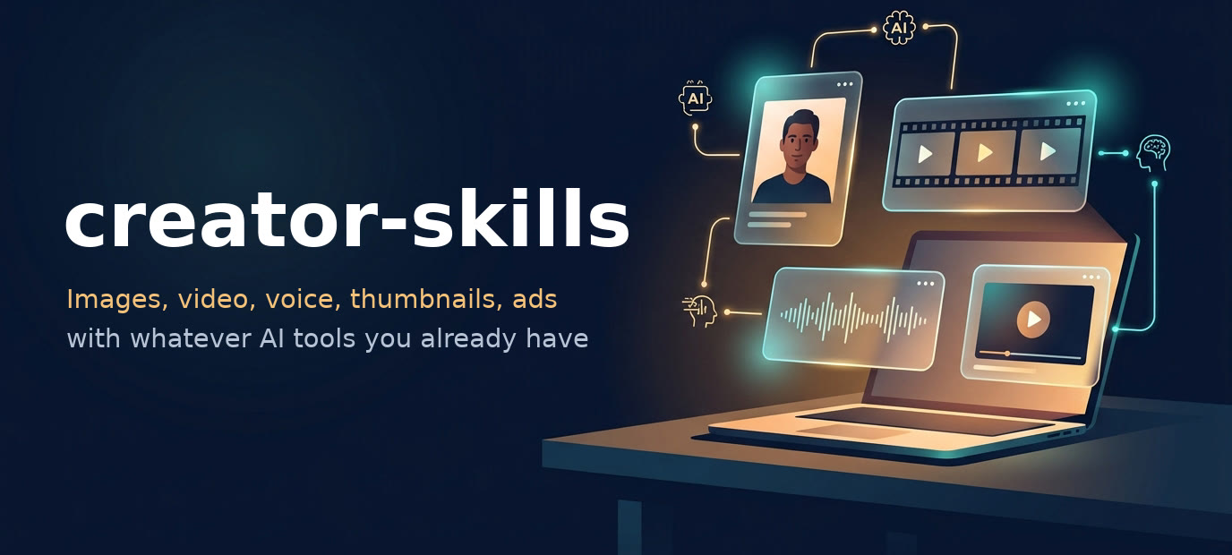 creator-skills — images, video, voice, thumbnails, ads with whatever AI tools you already have