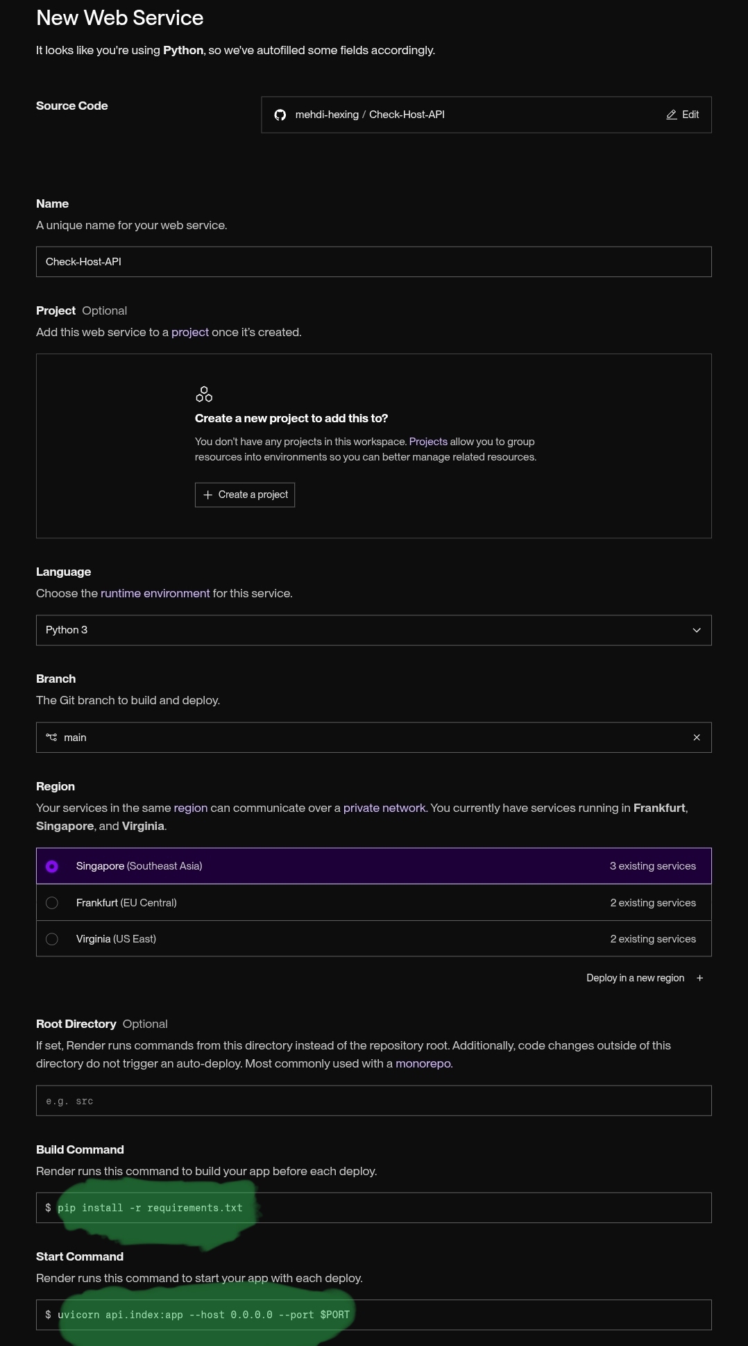 صفحه‌ی New Web Service روی Render با Build/Start Command پر شده