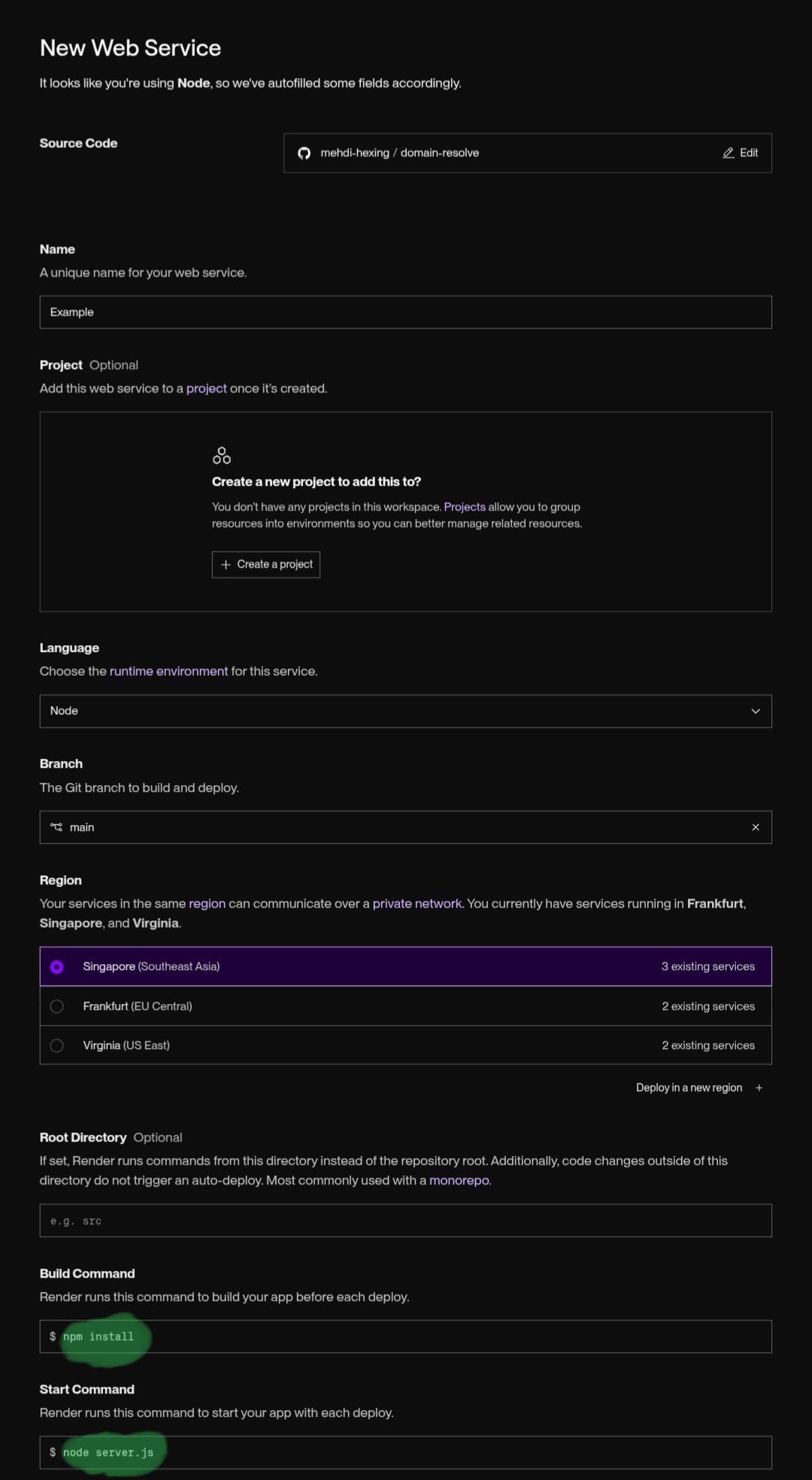 صفحه‌ی New Web Service روی Render با Build/Start Command پر شده