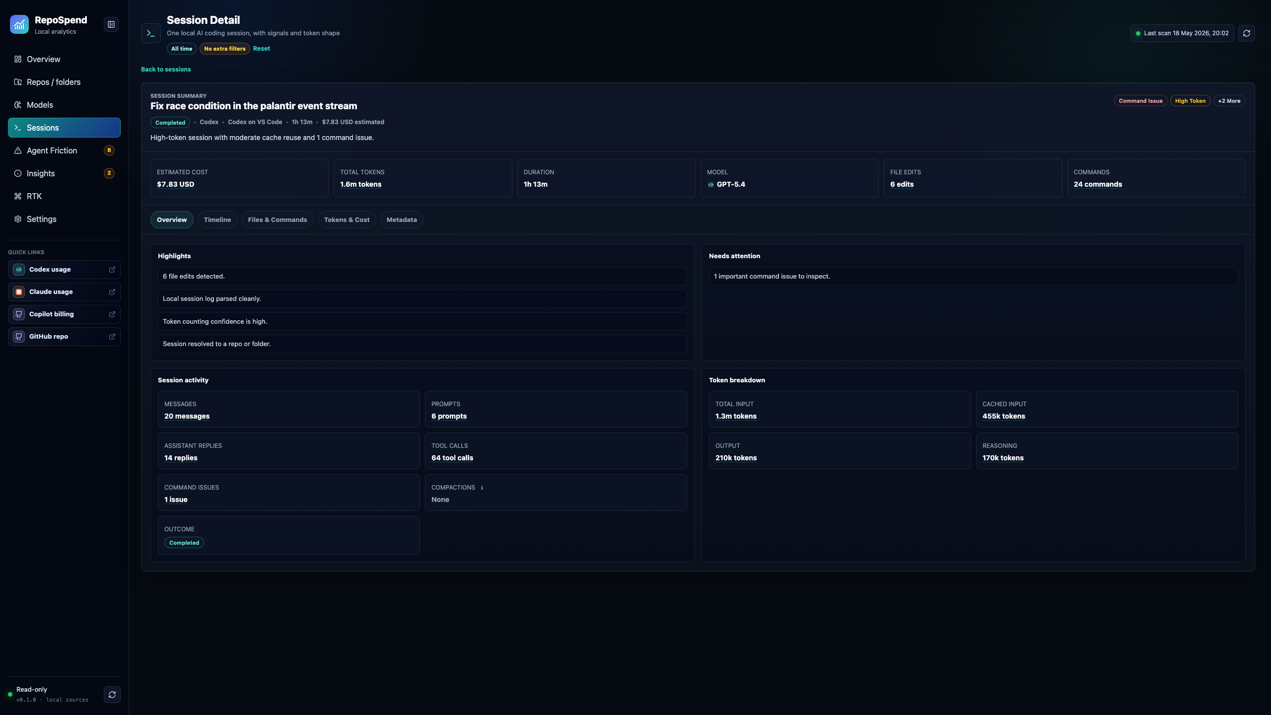 RepoSpend session detail for a fictional palantir event stream fix