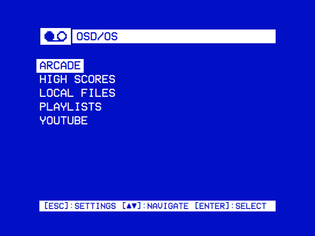 OSD/OS as it comes: the main menu, Local Files' tree, the Arcade screen's games on a 3D wheel, its filters and the games others host online, and Settings