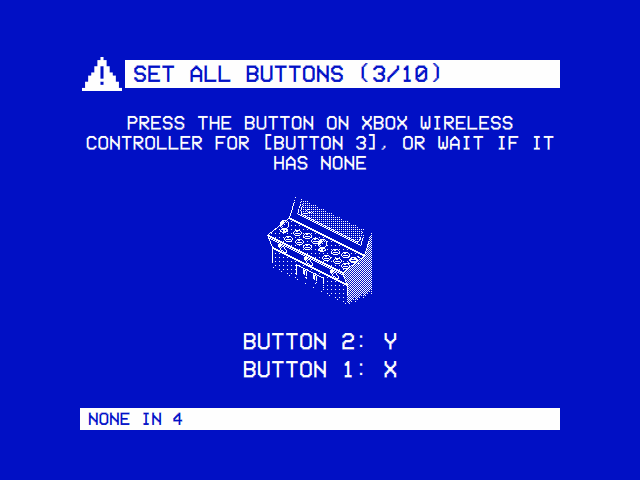 SET ALL BUTTONS (3/10): PRESS THE BUTTON ON XBOX WIRELESS CONTROLLER FOR [BUTTON 3], OR WAIT IF IT HAS NONE; the control panel, small, with player 2's Button 3 lit; the presses so far: BUTTON 2: Y, BUTTON 1: X. NONE IN 4