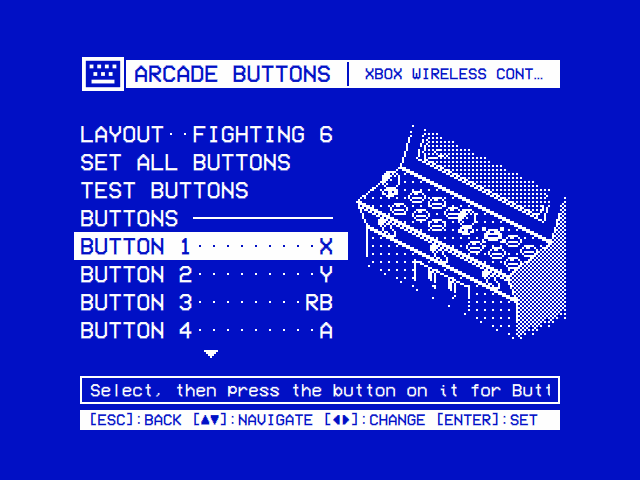 ARCADE BUTTONS, XBOX WIRELESS CONTROLLER: LAYOUT FIGHTING 6, SET ALL BUTTONS, TEST BUTTONS, then BUTTONS: BUTTON 1 X (selected), BUTTON 2 Y, BUTTON 3 RB, BUTTON 4 A. Beside them a two-player arcade cabinet's control panel in two colours, its top sloping and its front leaning back, with the foot of the monitor leaning back behind it and the top of the coin door under it: each player's ball-top stick and six buttons in two rows of three, and three round buttons on its front. The pad plays as player 2, so its Button 1, the right-hand player's top row's first, is lit and framed